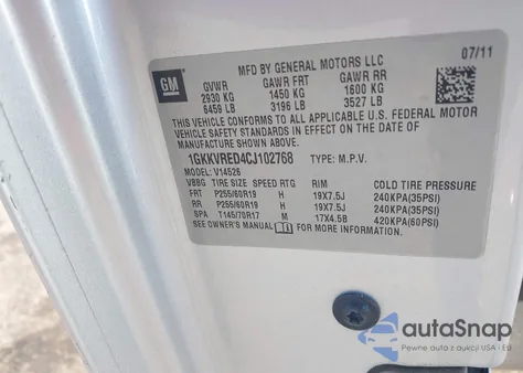 2012 GMC Acadia Slt-1 z USA, uszkodzony, nr VIN 1GKKVRED4CJ102768